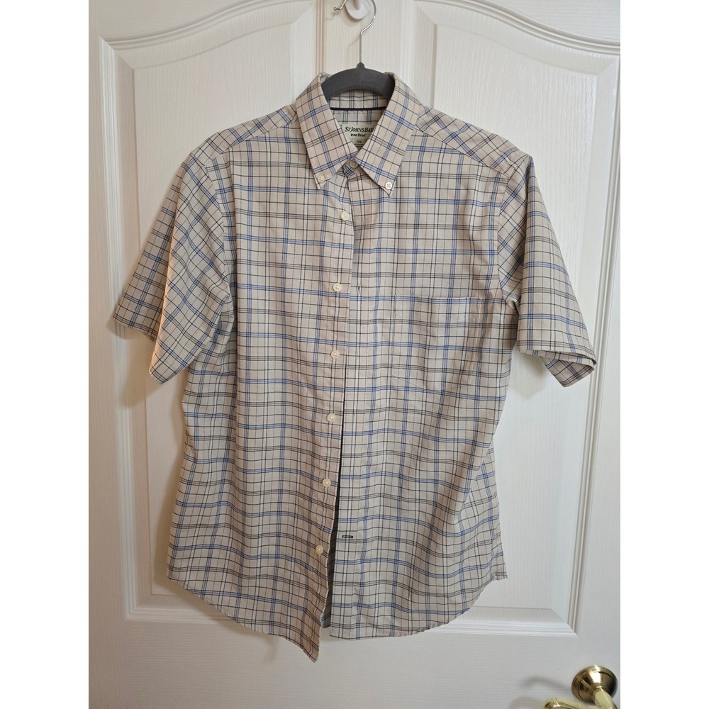 St Johns Bay Mens Small Iron Free Short Sleeve Button Plaid Shirt Tan Blue /0527